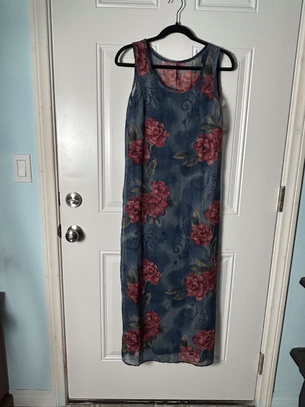 Vintage Sleeveless Blue Floral Maxi Dress Rose Print Med Feminine Dainty Floral